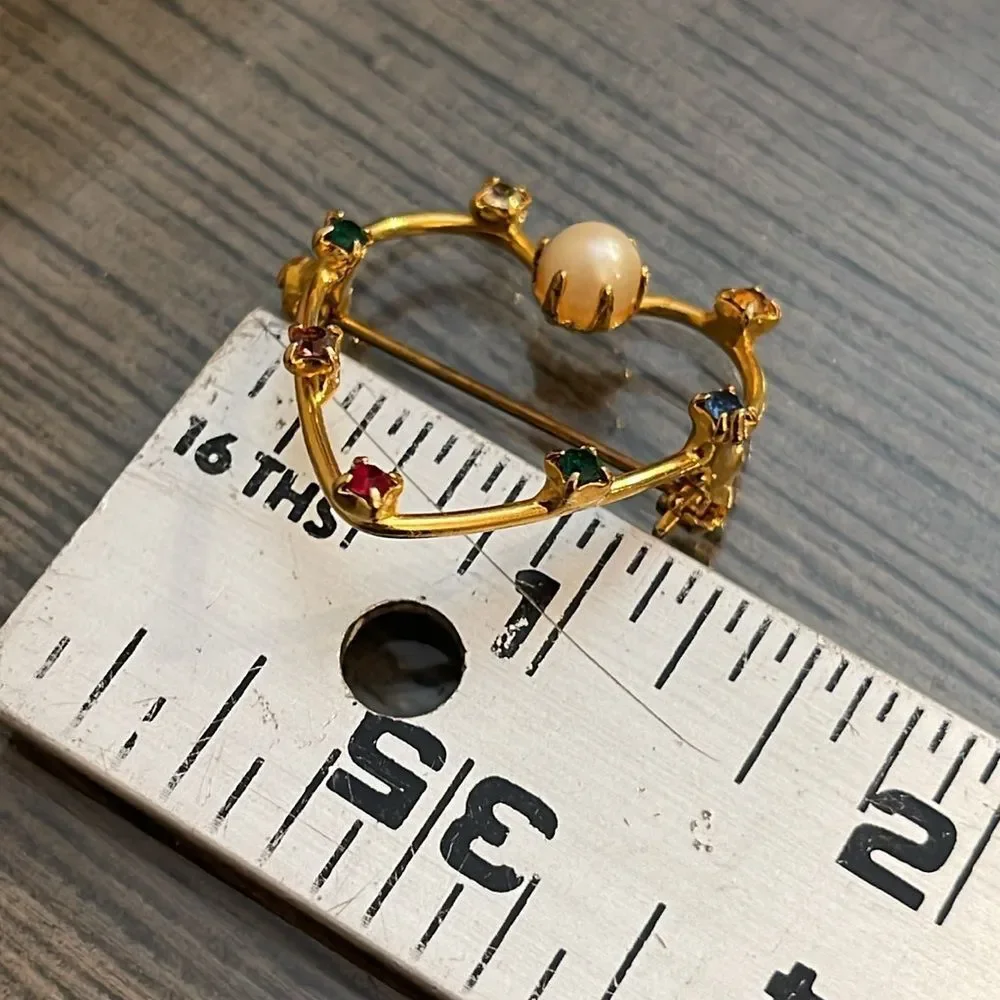 Vintage Elegant Gold Heart Brooch with Multicolor Gems & Real Pearl
